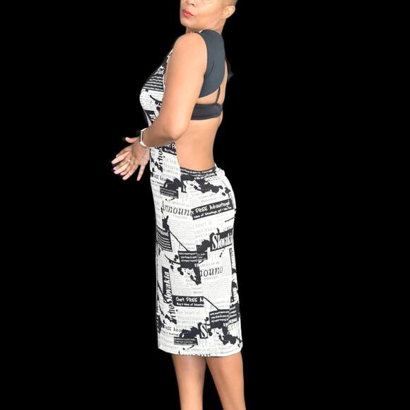 Farr Designz Newsprint Dress White Backless Newspaper Midi Stretch Jersey Large - Picture 6 of 14